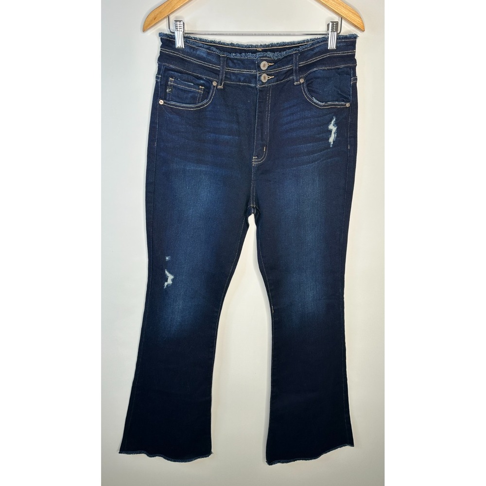 Kancan Gill High Rise Flare Jeans Dark Wash Distressed Raw Hem Size 13 / 30 - Picture 2 of 16